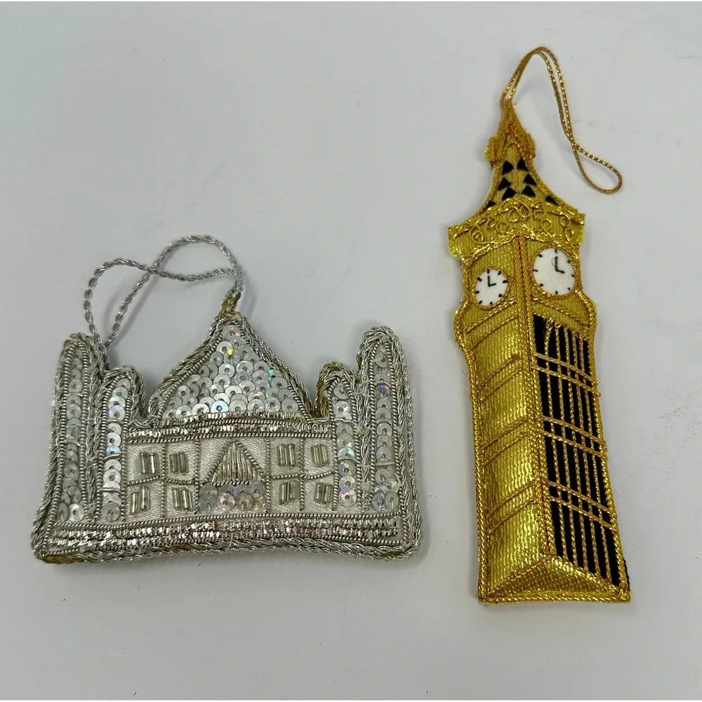 London Souvenir Christmas Ornaments Big Ben Gold Silver Sequin Palace Set of 2